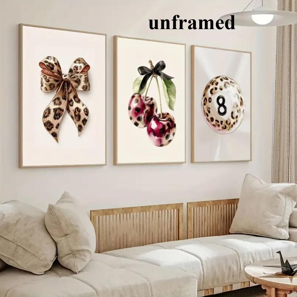 3-Piece Optional Wooden Frame Teen Fashion Leopard Print Bow Cherry 8 Ball Poster High Precision Color Print Moisture-proof Flat Surface Anti-fade Clear Details Apartment Bedroom Living Room Decor