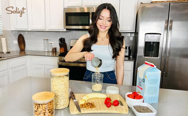 Soligt Overnight Oats Containers with Lids, Folding Spoons, and Divided Compartments for Fruit & Nuts, Small Glass 16oz Mason Jars for Oatmeal Yogurt Parfait Kitchen Utensils 2025 Canister Storage Portable Reusable Airtight Waterproof Tin