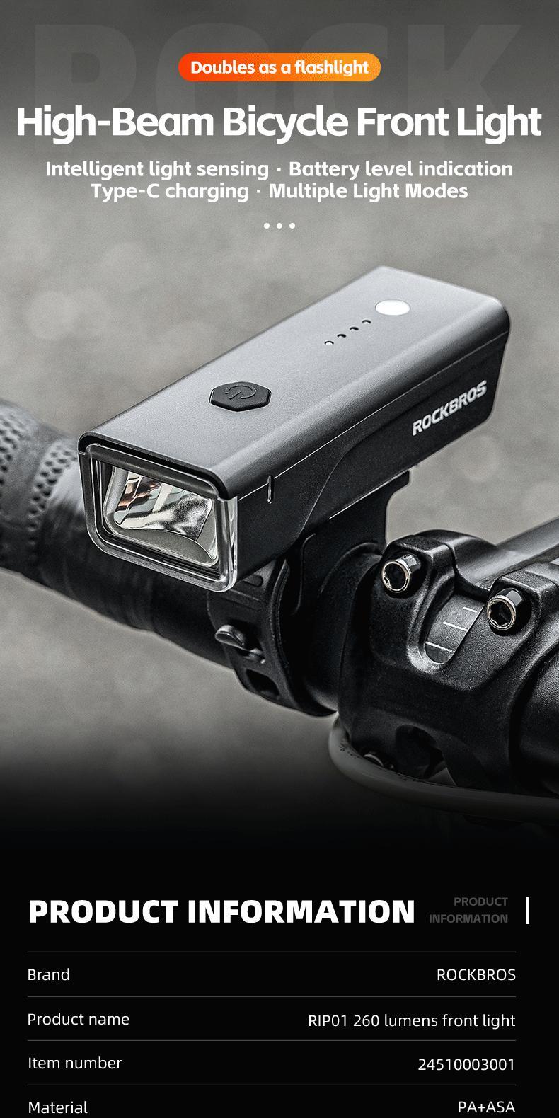 ROCKBROS Bike Light 260 Lumen IPX4 Waterproof Front Light 1500mAh Intelligent Light Sensing Bicycle Accessories