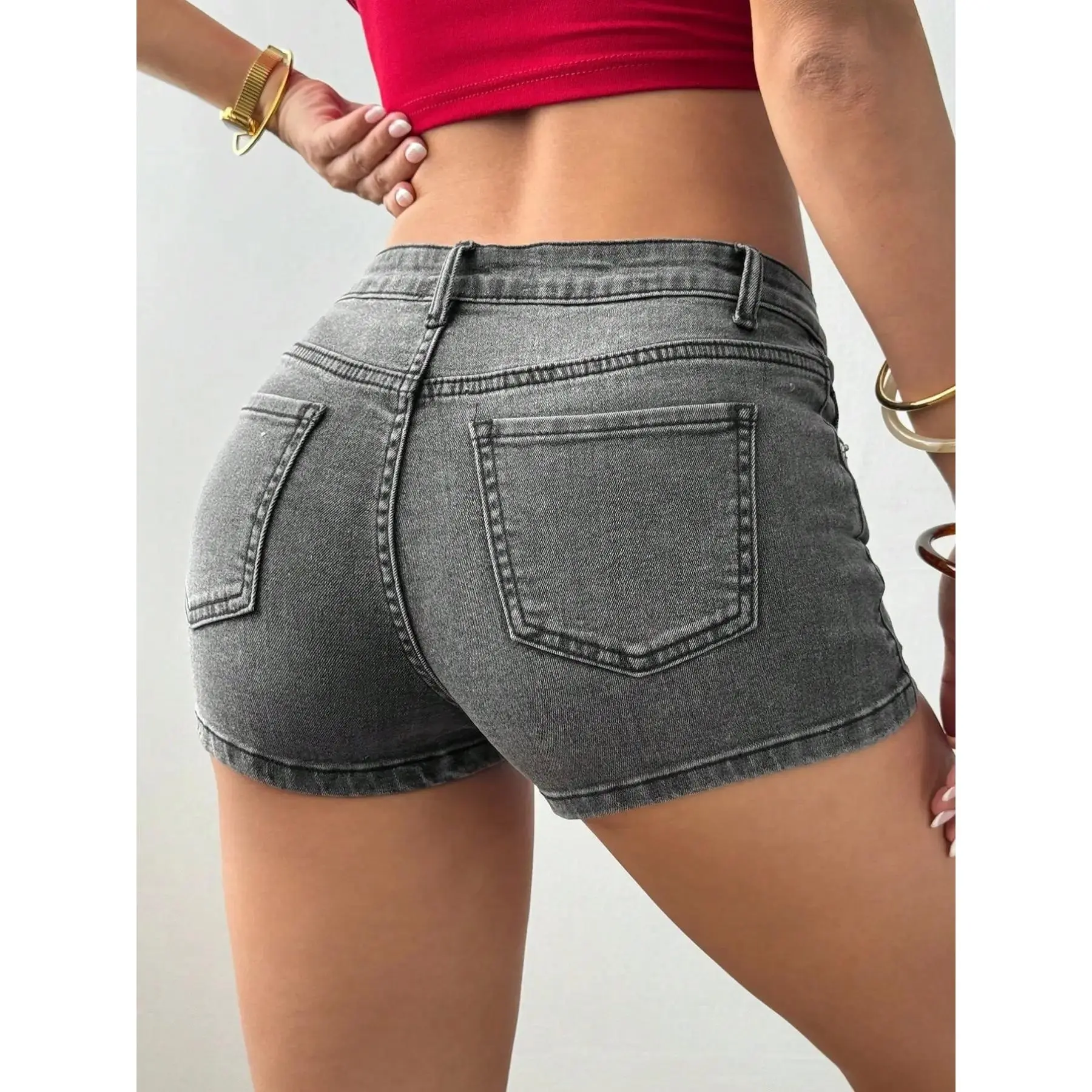 Music Festival Must-Have Trendy Shorts, Y2K Style, Low Waist High Stretch Fitted Butt Lifted Washed Vintage Stone Elastic Denim Shorts, Fashion Streetwear, Casual Outing, Music Festival Matching