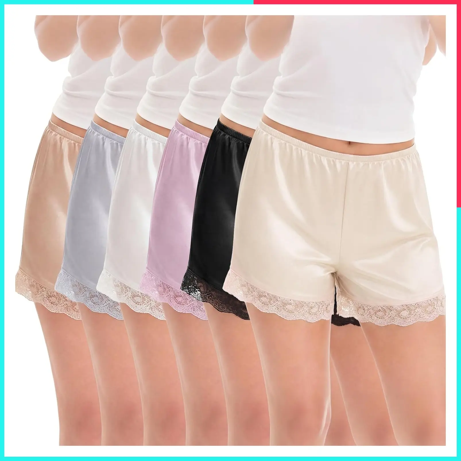 6 Pcs Women's Satin Half Slip Shorts with Lace Trim Silky Anti-Chafing Under Dress Pettipants Bloomers