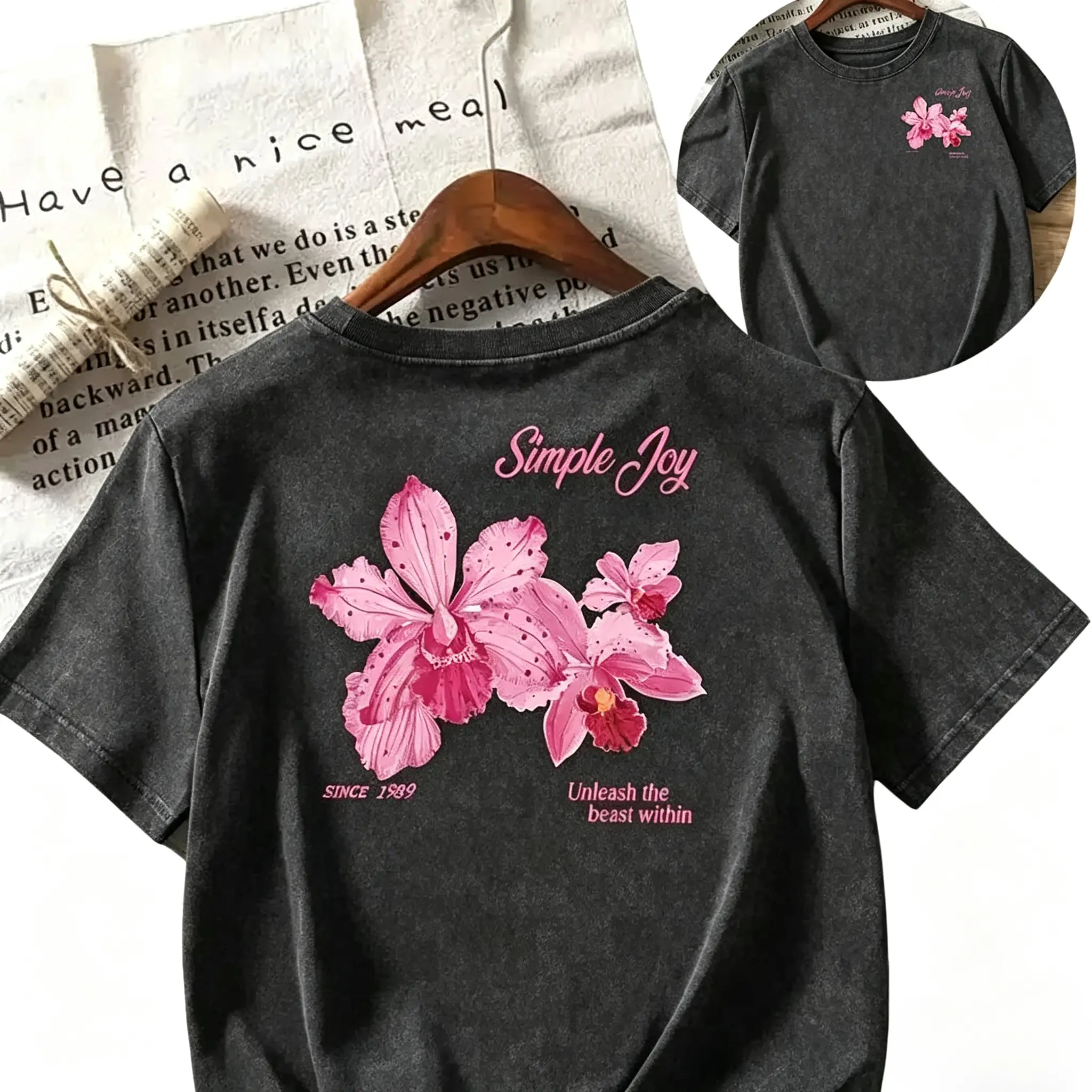 []Vintage Pink Orchid Unleash The Beast Within , 1989 Inspired Black T-Shirt Casual Essential