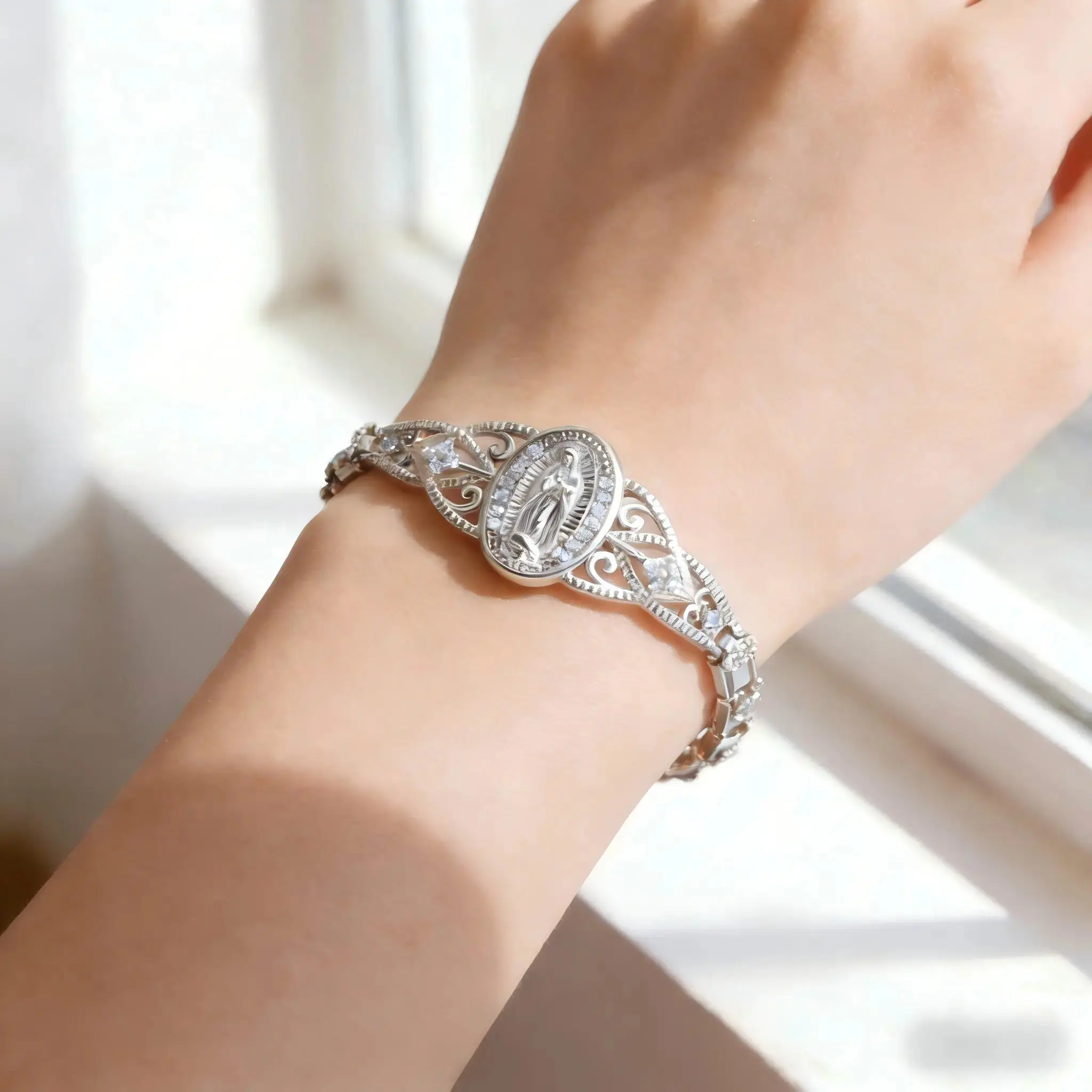 Women's Virgin Mary Bracelet - Silver-Plated Copper Base Filigree Cuff, Hypoallergenic, Non-Tarnish, Chic, Casual Religious Faith Fashion Accessory Gift For Her