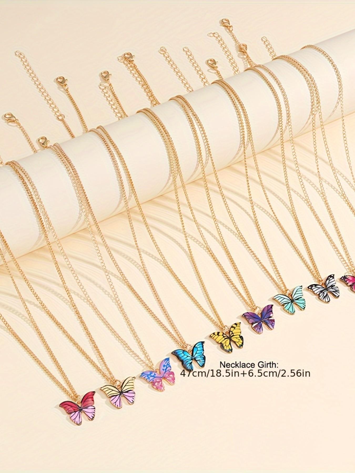 10-Piece Fashion Elegant Simple Colorful Butterfly Y2K Pendant Matching Necklaces Set, Unisex, Perfect for Vacation, Party, Date, Gift, Daily Wear