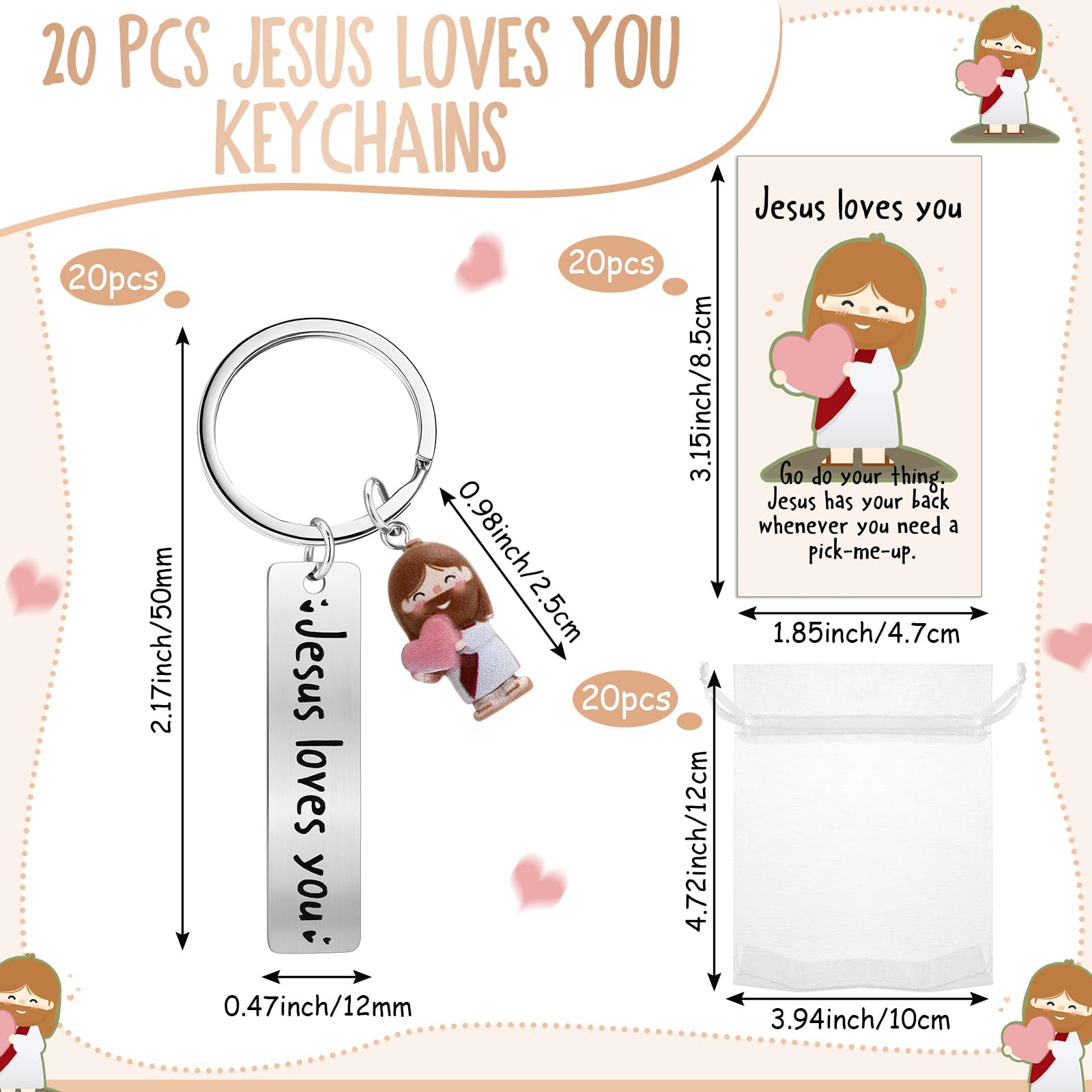 10/30 Sets Easter Jesus Keychain with Love Heart Christian Easter Positive Gift for Women Church Group Employee Appreciation Gift Bulk Religious Party Favor Easter Egg Stuffers Sunday School Gift Emotional Support