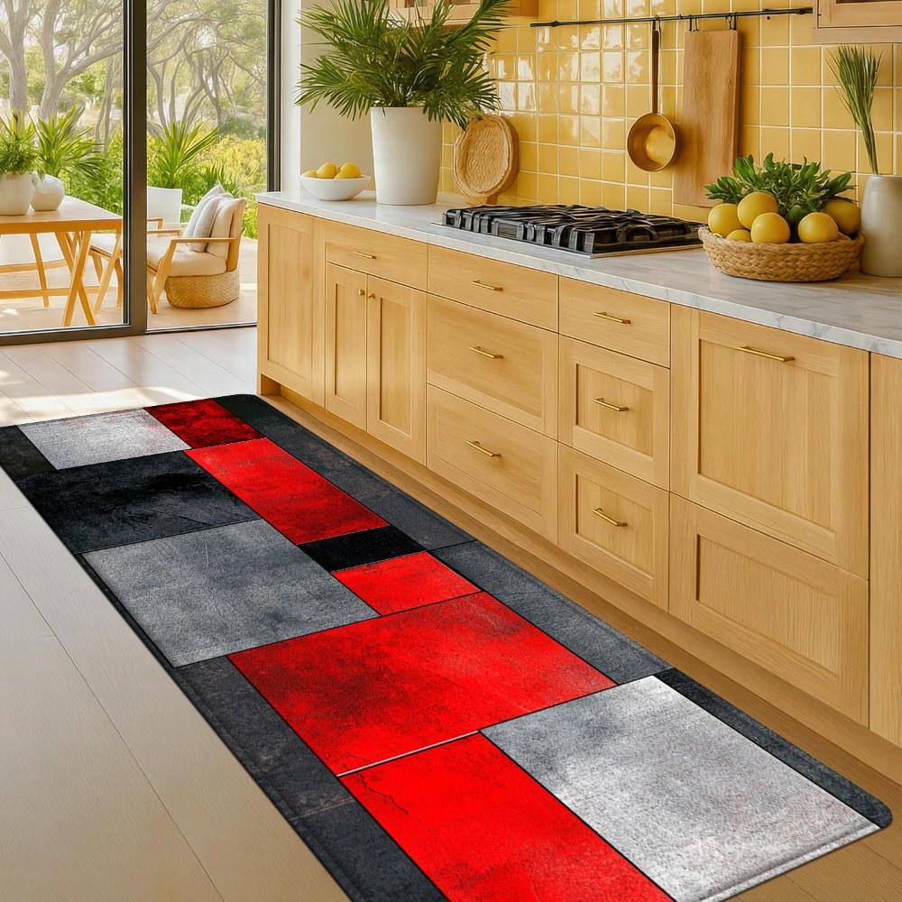 1PC， Red Black Gray Geometric Splicing Patterned strip rugs, home décor, bathroom mats, entryway mats, bathroom non-slip mats, indoor entrance rugs, bedroom bedside mats, kitchen mats, hallway rugs, flannel sponge rugs, hallway runner rugs