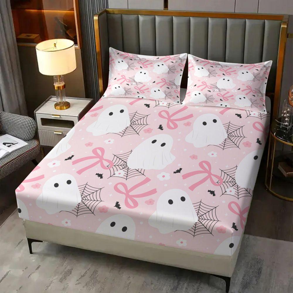 3Pcs Cute Pink Ghost Fitted Sheet Set, Aesthetic Spooky Halloween Bed Sheets Set, Soft Microfiber Bedding Set with Bows & Spiderweb Print for Girls Bedroom Decor No Fillers