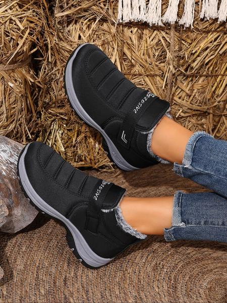Couple Plush Lined Ankle Boots, Fluffy Snow Boots, Slip-On Soft Sole Anti-Slip Snow Boots, Velcro Easy Open Warm Winter Flat Shoes, Travel Outdoor Activities