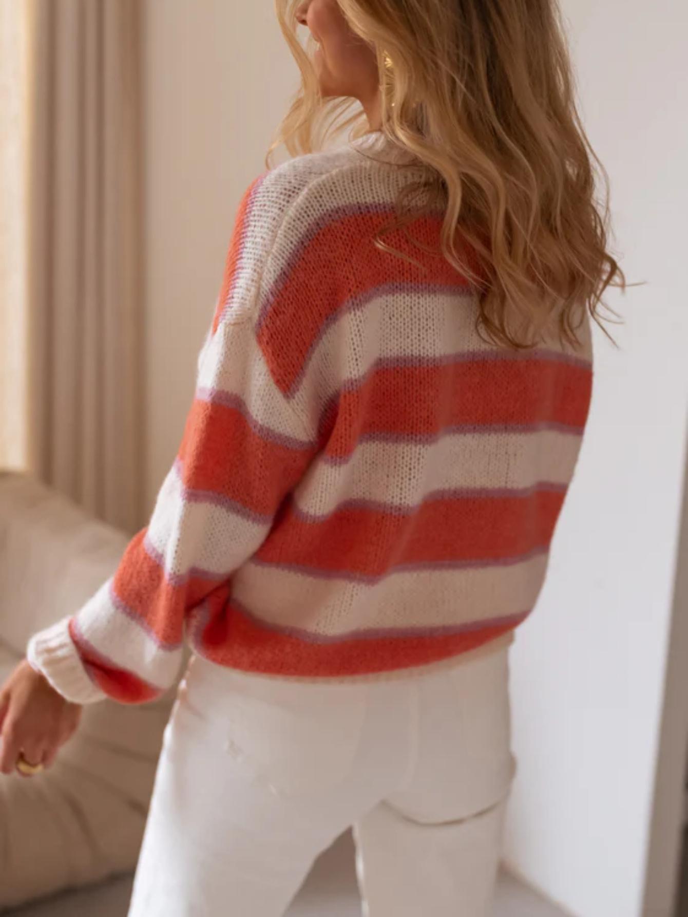 Women's Casual Striped Sweater, Coral & Stripes, Round Neck, Soft Knit Fabric, Spring & Daily Wear, Loose Fit Pullover