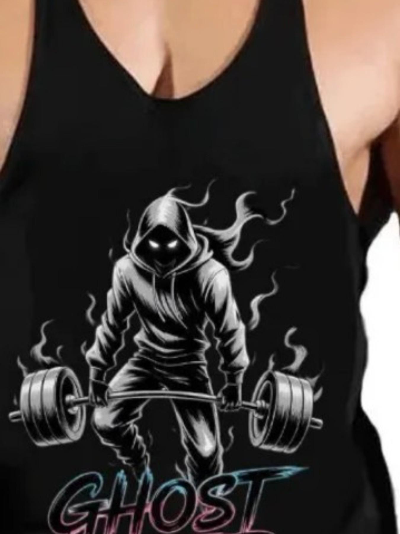 Men's Ghost Lifter Ghost Barbell Fitness Tank Top, Sporty Graphic Loose-Fit Sleeveless Shirt, Muscle Building Workout Wear