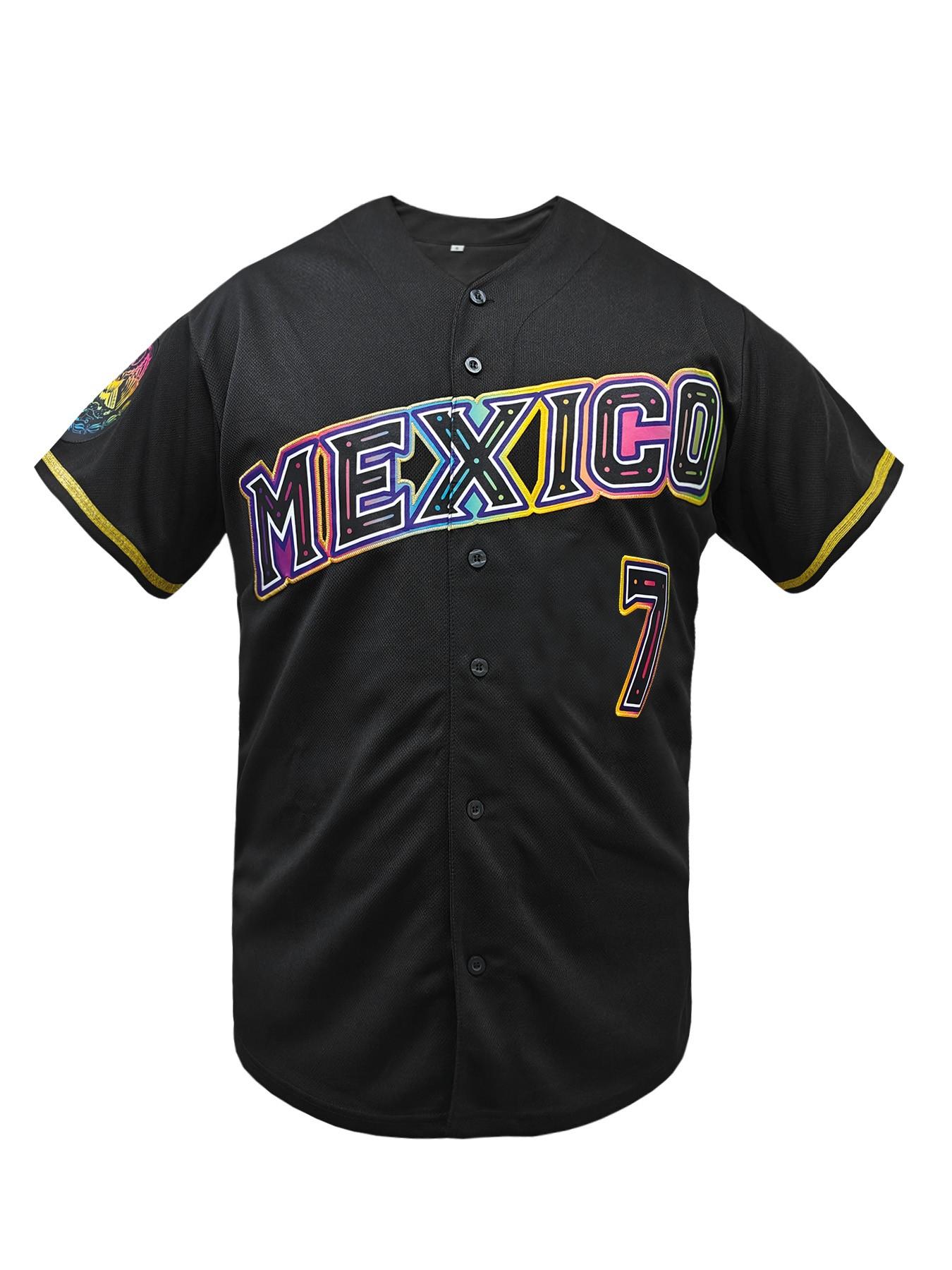 Men's "MEXICO" Embroidered Baseball Lightweight Jersey, V-Neck Loose Fit Breathable Sportswear, Short Sleeve Casual Top for Outdoor Sports & Casual Wear, All Seasons