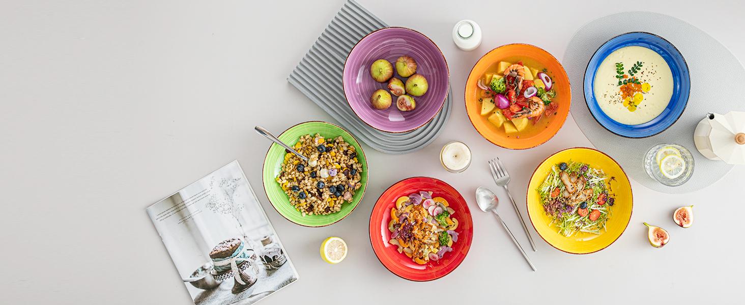 vancasso Stoneware Dinnerware Set Bonita Blue 18-Piece Service for 6, Handpainted Spirals Pattern Stoneware Combination Set with 10.6in Dinner Plate, 7.5in Dessert Plate and 21oz Soup Bowl