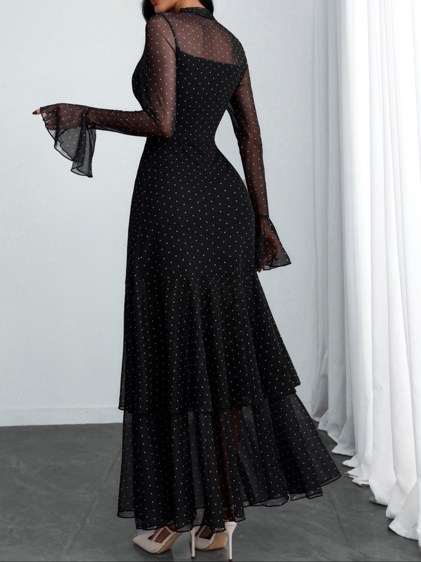 Women's Romantic Polka Dot Split Mesh Patchwork Layered Elegant Flared Skirt Dress, Fitted Style, All Seasons, No Waistband Included