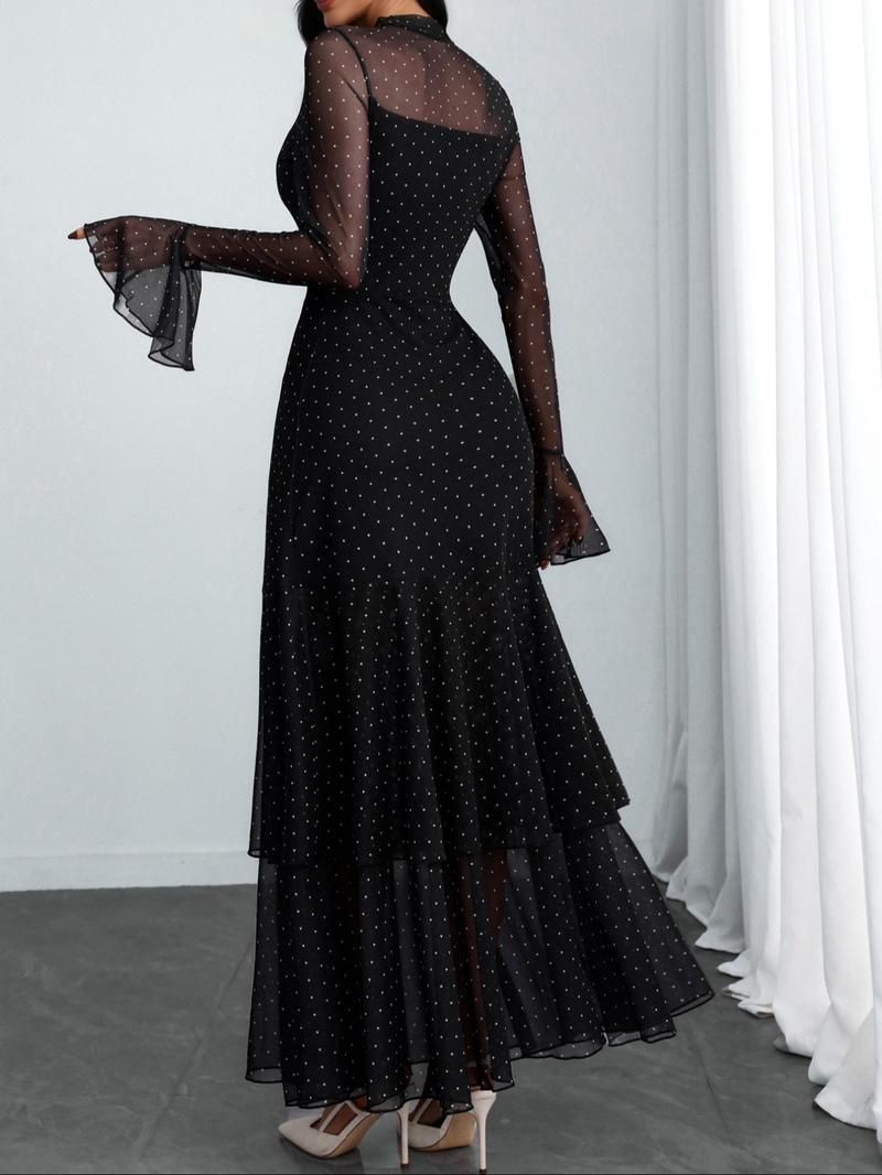 Women's Romantic Polka Dot Split Mesh Patchwork Layered Elegant Flared Skirt Dress, Fitted Style, All Seasons, No Waistband Included