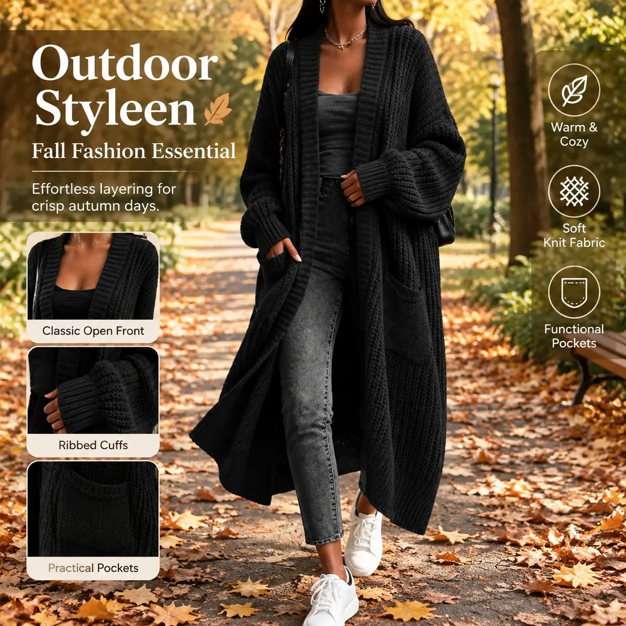 Women's Oversized Knit Maxi Cardigan - Open-Front Chunky Duster Sweater Coat with Deep Pockets, Loose-Fit Batwing Long Sleeves, Warm Fall Winter Casual Street Outfit Staple