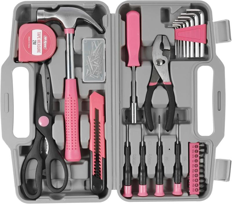 62pcs Tool Set General Household Tool kit, All Purpose Pink Basic DIY Tools Kit with Toolbox Storage Case for Girls Ladies and Women Home Garage Office College Dormitory Use