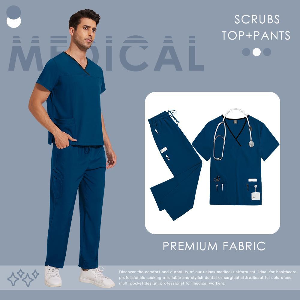 Women's Solid V-Neck 2-Piece Scrubs Set - Short Sleeve V-Neck Top & Pants, Standard Fit Women's Clothes for All Seasons, Medical Dental Workwear (Menswear Compatible)