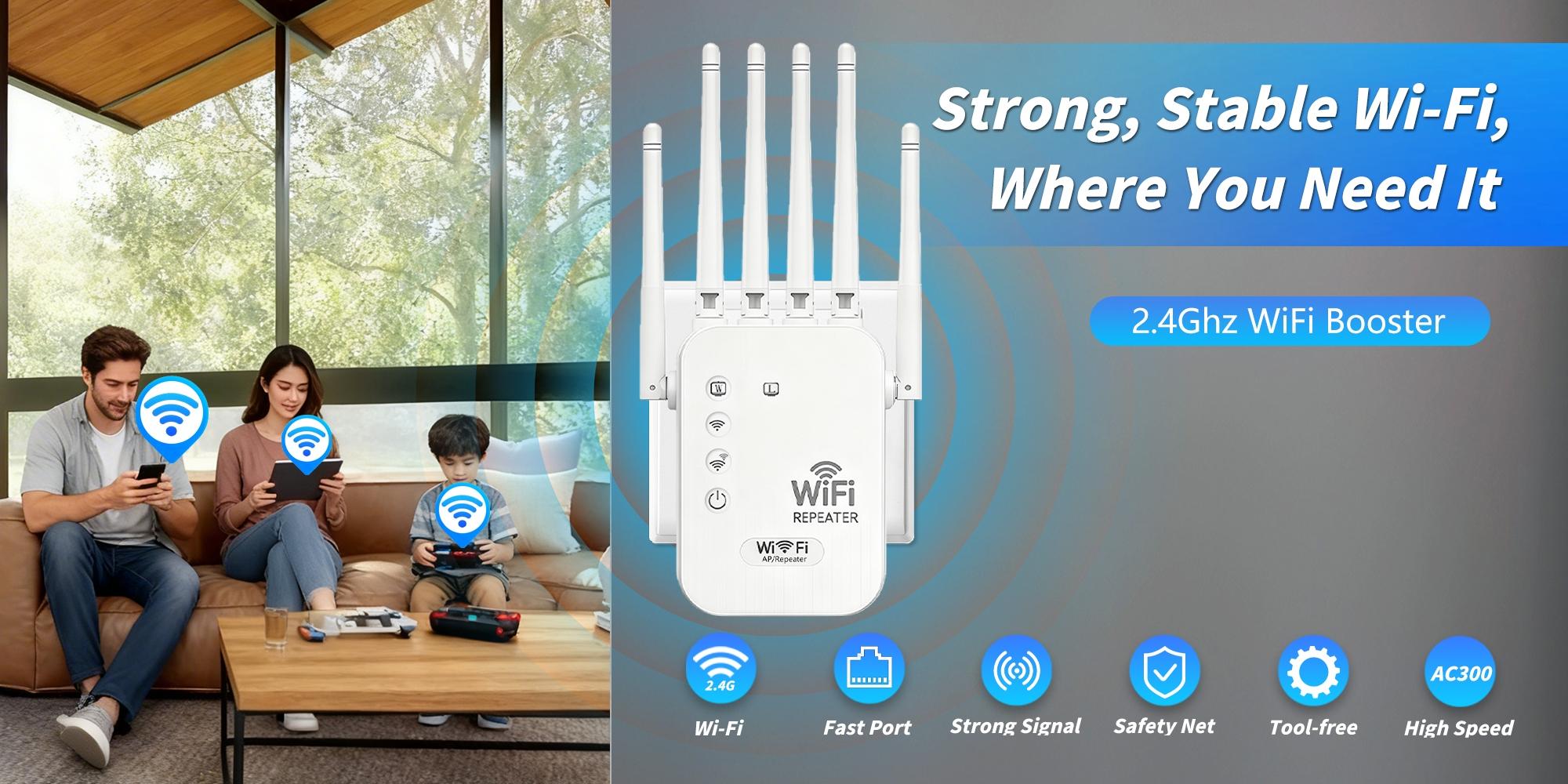 2.4g Single Band WiFi Extender 300mbps, 6 Antennas for Enhanced Coverage, Supports Multiple Devices, Home WiFi Signal Booster