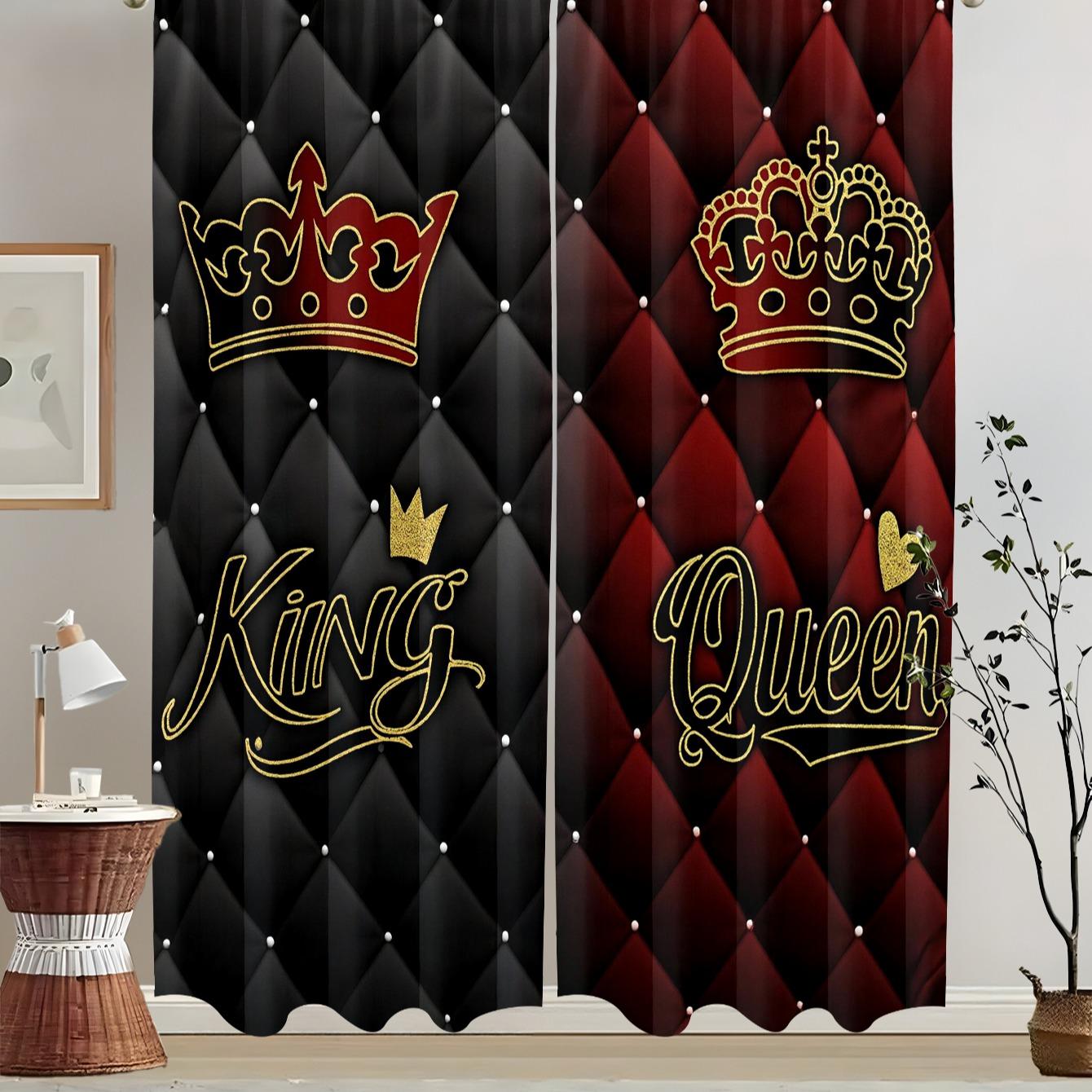 King & Queen Crown Pattern Curtains Set, Polyester Fiber Material, Light Luxury Palace Style, Rod Pocket Design, Suitable for Bedroom Living Room Decor, Window Curtain, Home Decoration Curtain