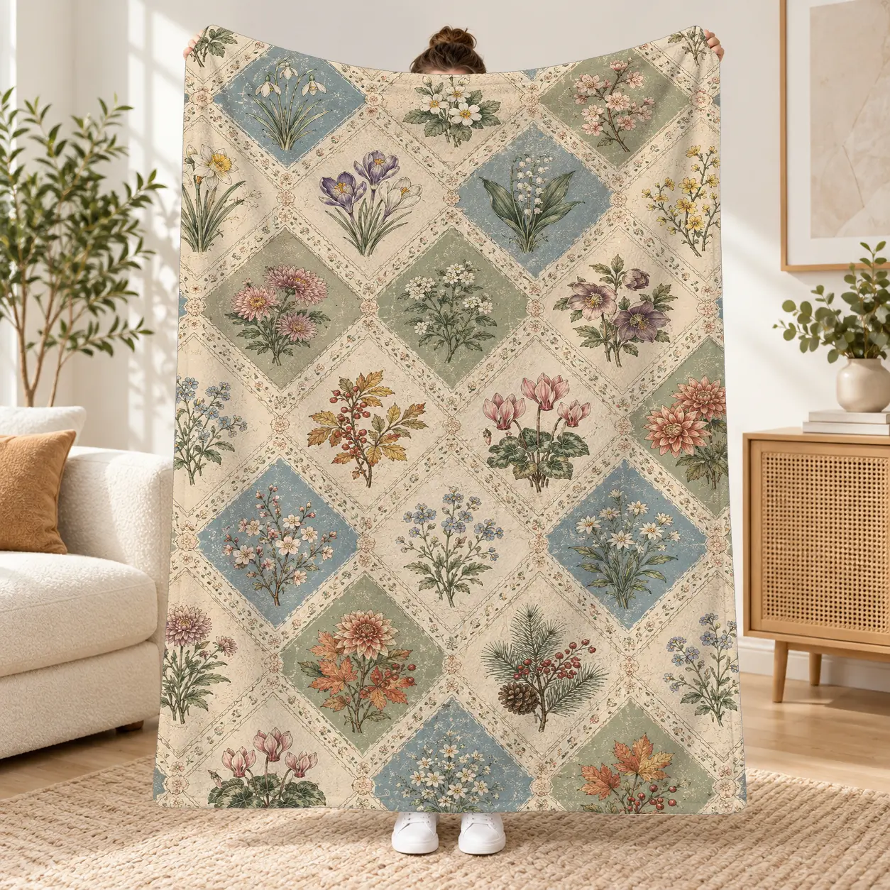 1Pcs Vintage Botanical Diamond Patchwork Fleece Throw Blanket, Cottage Floral Print Cozy Blanket for Living Room Bedroom, Soft Warm Decorative Blanket for Spring Home Decor and Everyday Use