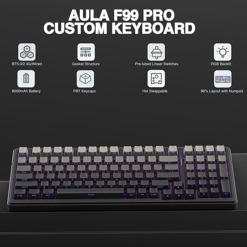 AULA F99 Pro Wireless Mechanical Keyboard,Gasket Hot Swappable Custom Keyboard,RGB Backlit,Pre-lubed Linear Switches,Side Printed PBT Keycaps, Tri-Mode 2.4GHz/USB-C/BT5.0 Mechanical Gaming Keyboard Computer PC Accessories TikTokShopfalldealsforyou