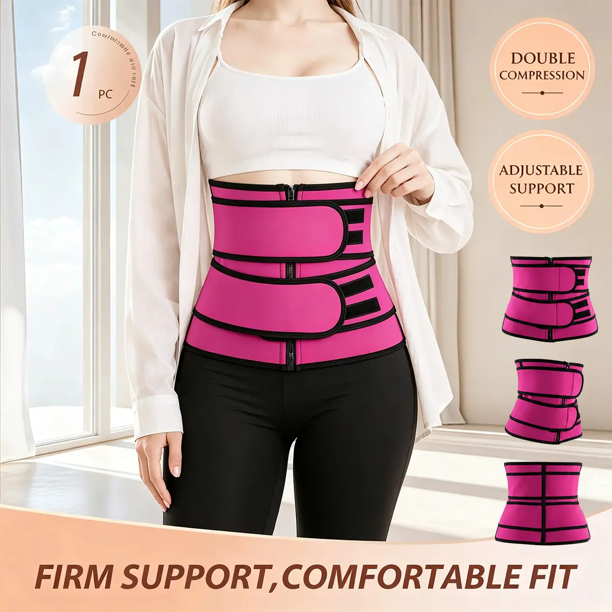 QUASTI Single Pack Women's Adjustable Waist Trainer Belt, Double Compression Tummy Control Wrap with Zipper & Hook and Loop Closure, Postpartum Recovery and Workout Support Belt