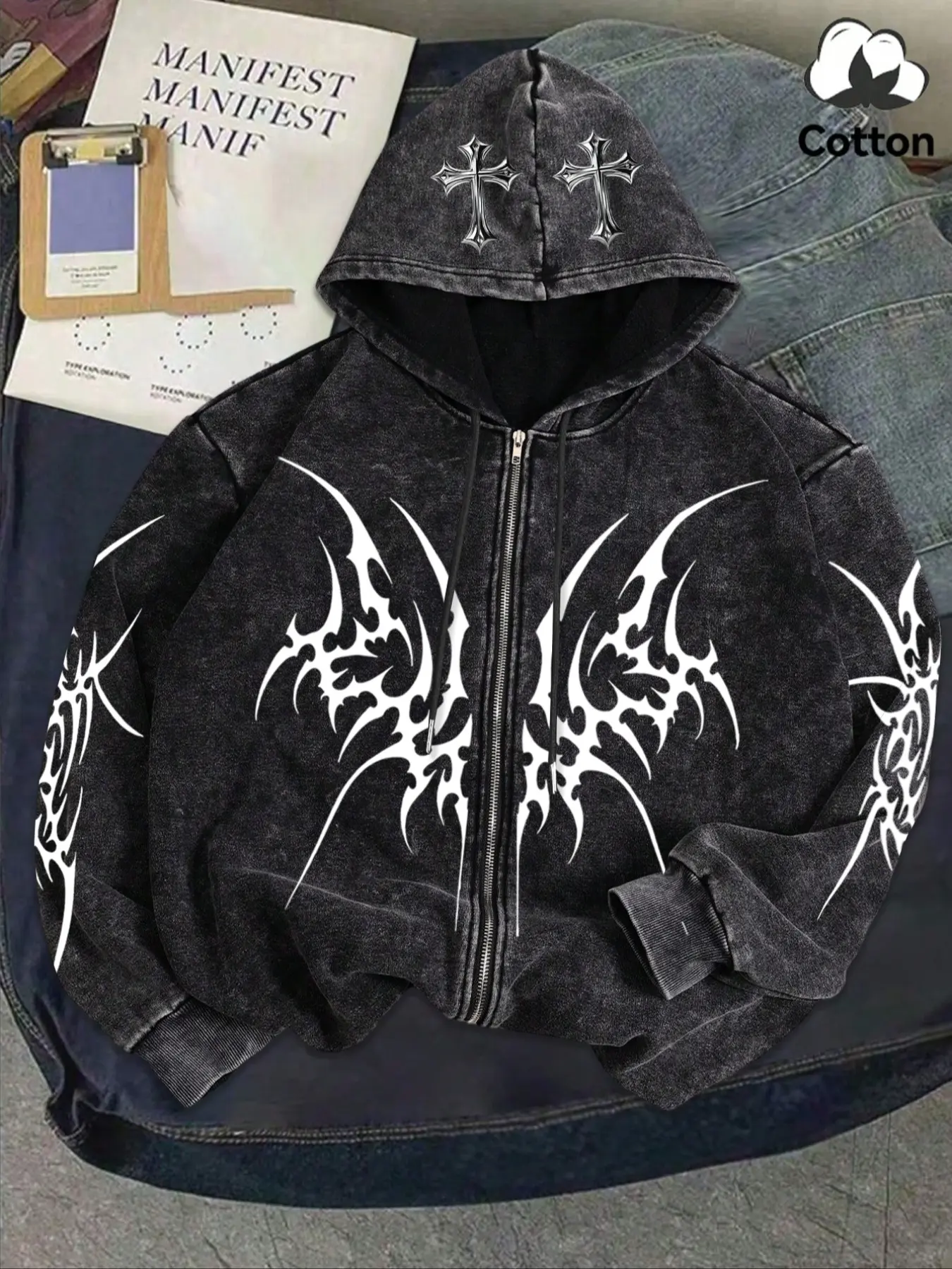 Y2K Rock Wash Full Zip Hoodie, Gothic Cross and Tribal Thorn