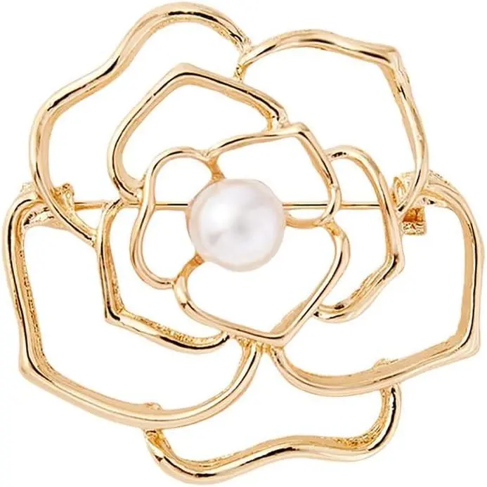 Fashion Elegant Flower Brooches Pins for Women Gold Silver Stainless Steel Rose Brooch Pin Dress Skirt Scarf Hat Pins Clothing Decoration Accessories