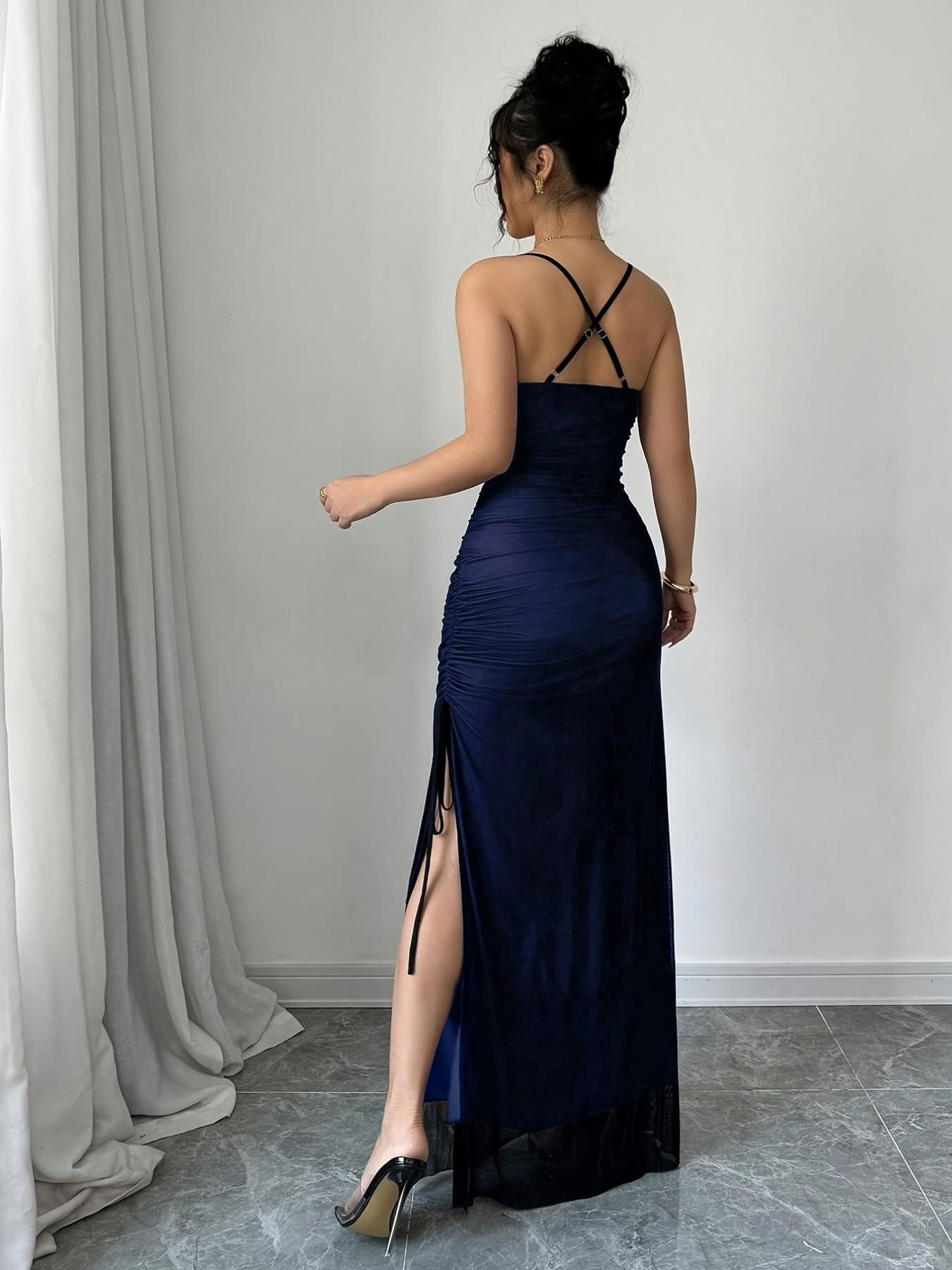 Women's Mesh Patchwork Cross Back Sleeveless Maxi Long Dress, Spring Summer New, Sexy Fit Style, Perfect for Formal Dates, Evening and Sister Gatherings, Womenswear