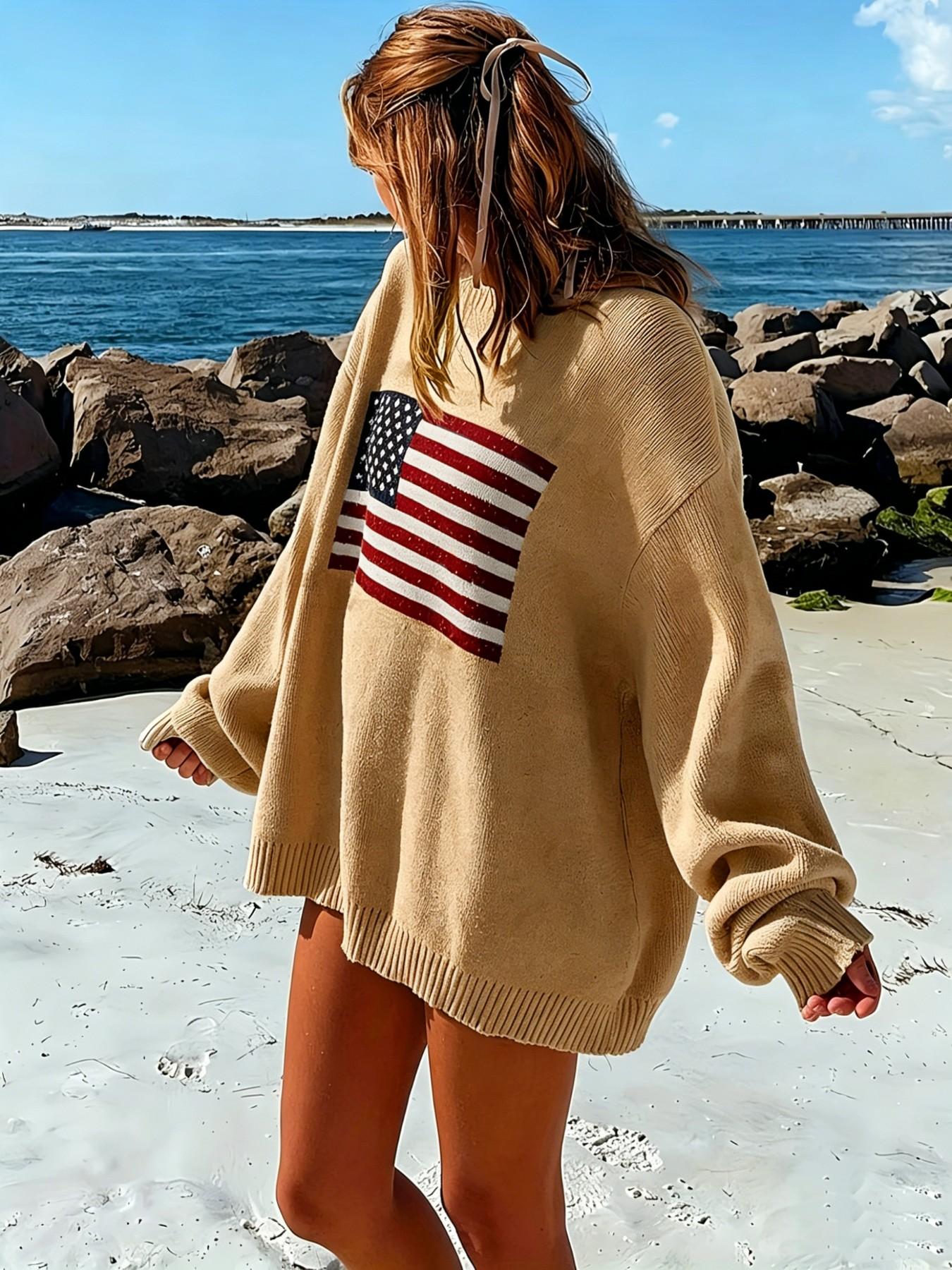 Women's Striped Print Drop Shoulder Oversized Crewneck Sweater, Street Casual Long Sleeve Round Neck Jumper for Spring & Fall, Women's Knitwear for Everyday Wear, Womenswear