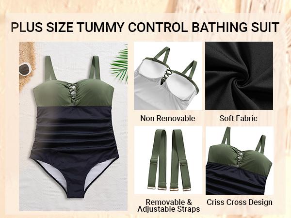 Daci Women Plus Size One Piece Swimsuit - Tummy Control Bathing Suits Ruched Lace up Swimwear Bandeau Retro Swimsuits