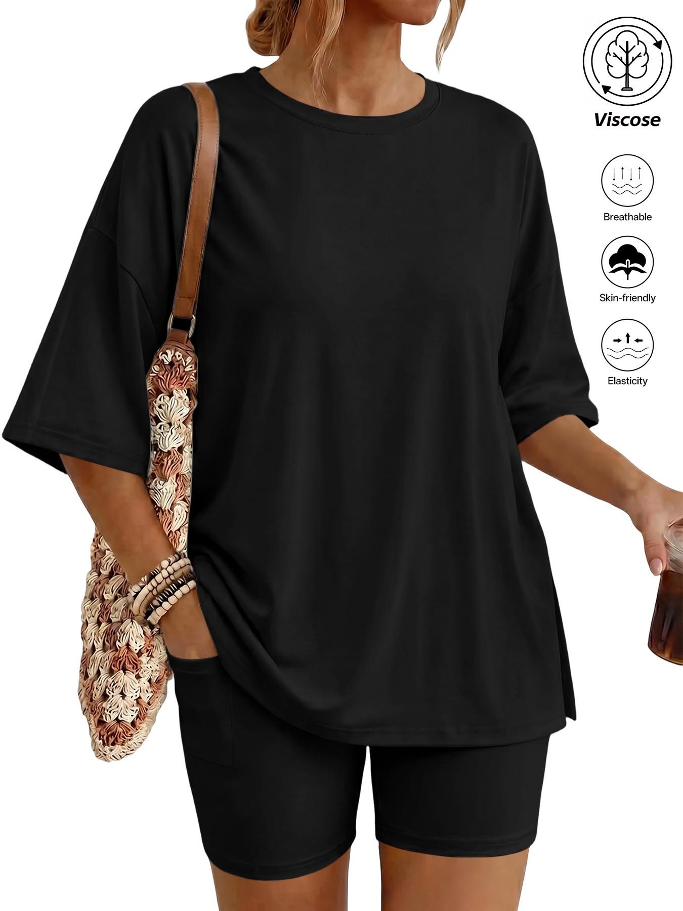 Women's Two Piece Lounge Set Matching, 2026 Summer Casual Basic Oversized Shirts & Biker Shorts, Fitted Plain Design, Perfect for Airport Travel Womenswear Clothes
