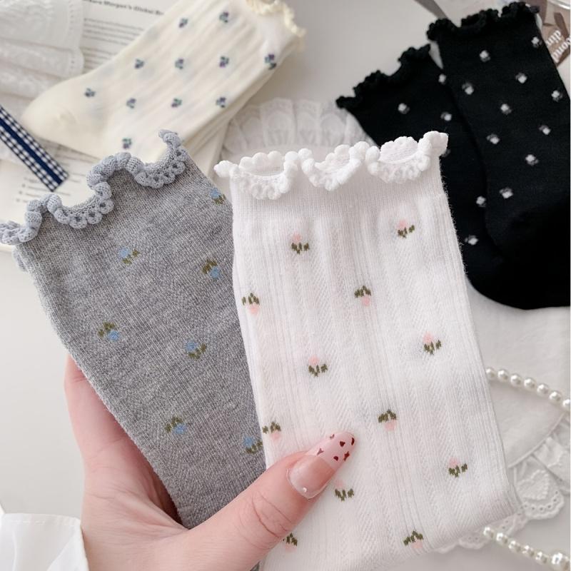 4 Pairs New Spring & Summer Minimalist Floral Crew Socks, Japanese Mesh Slouch Socks, Korean Sweet Ballet Style Ruffle Bow Socks For Women