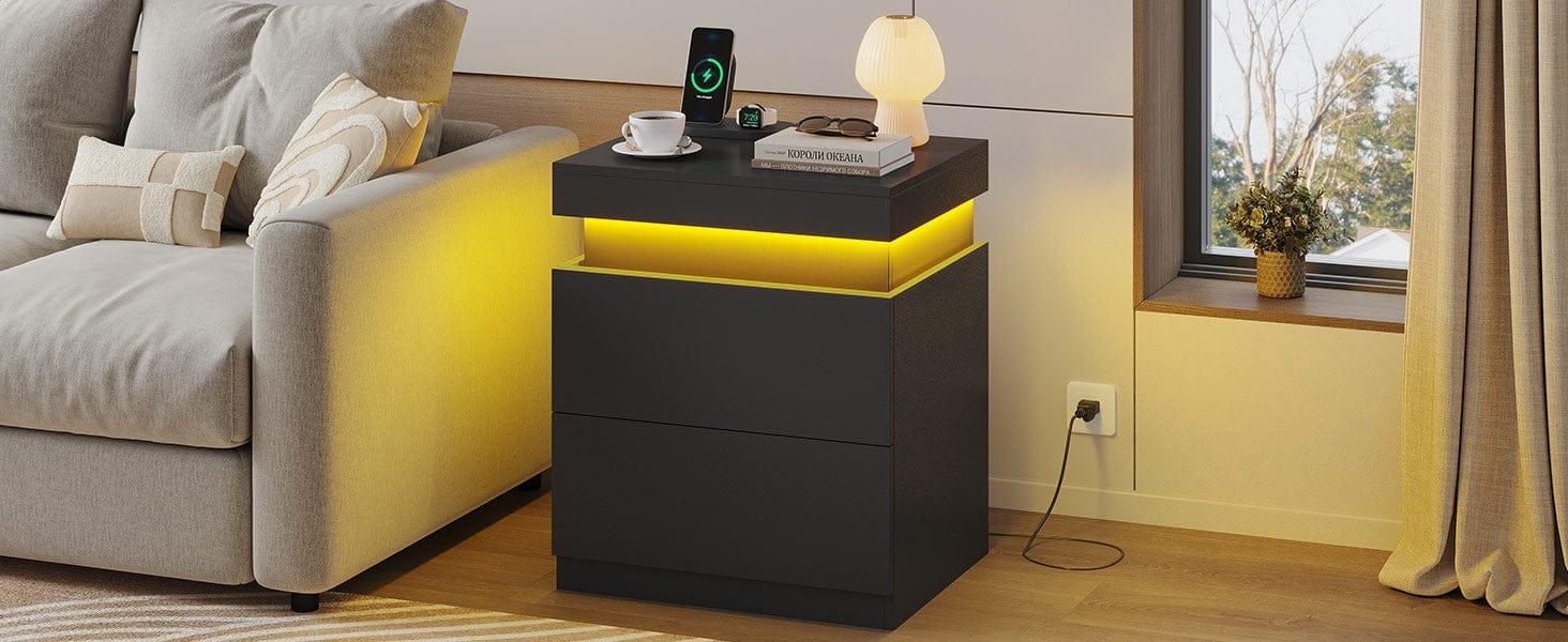 Sikaic Nightstand with Sliding Top and 2 Drawers Modern Bedside Table with LED Lights and Charging Station Sikaic Nightstand with Sliding Top and 2 Drawers Modern Bedside Table with LED Lights and Charging Station