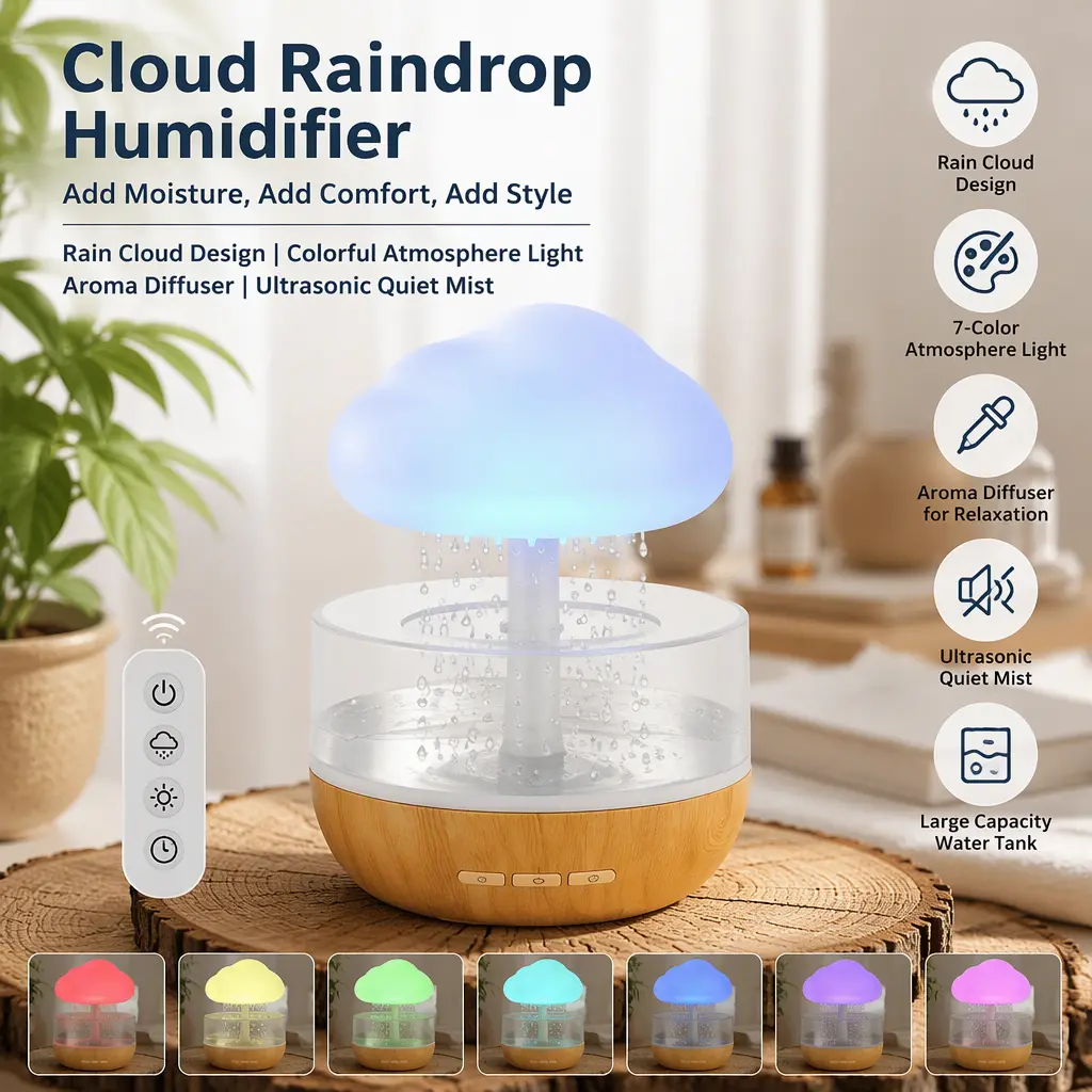 Mushroom Rain Shower Aroma Diffuser, Raindrop Cloud Humidifier with Color Changing Gradient LED Ambient Light for Home Decor,Pre-lit