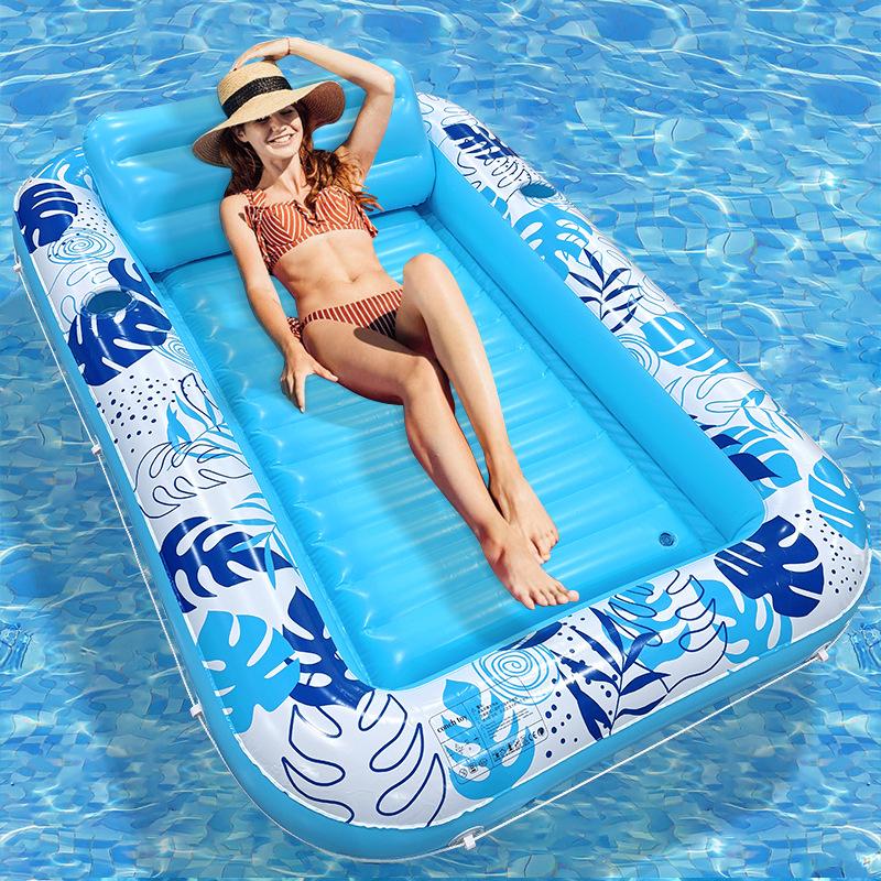Large Square Inflatable Float Bed with Backrest, Pool Float with Pillow and Cup Holder, 4-In-1 Sunbed, Party Gift, Swim Pool Lounge Chair
