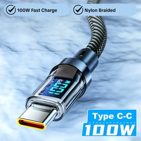 100W Fast Charging Type-C To C Data Cable, Fast Charge, Intelligent Digital Display Phone Charging Cable, Wear-Resistant Nylon Braided Durable Data cable USB C Cellphone Charger Cable for iPhone 17 16 15 & Android Data Sync Cable