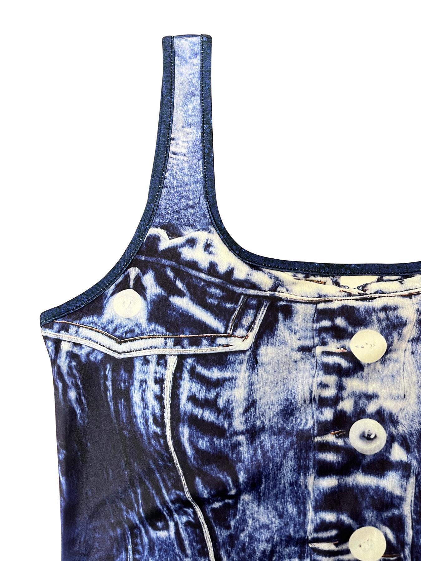 Women's denim print jumpsuit, casual sleeveless jumpsuit, suitable for everyday wear, women's slim fit jumpsuit, Sleeveless Strap Overalls