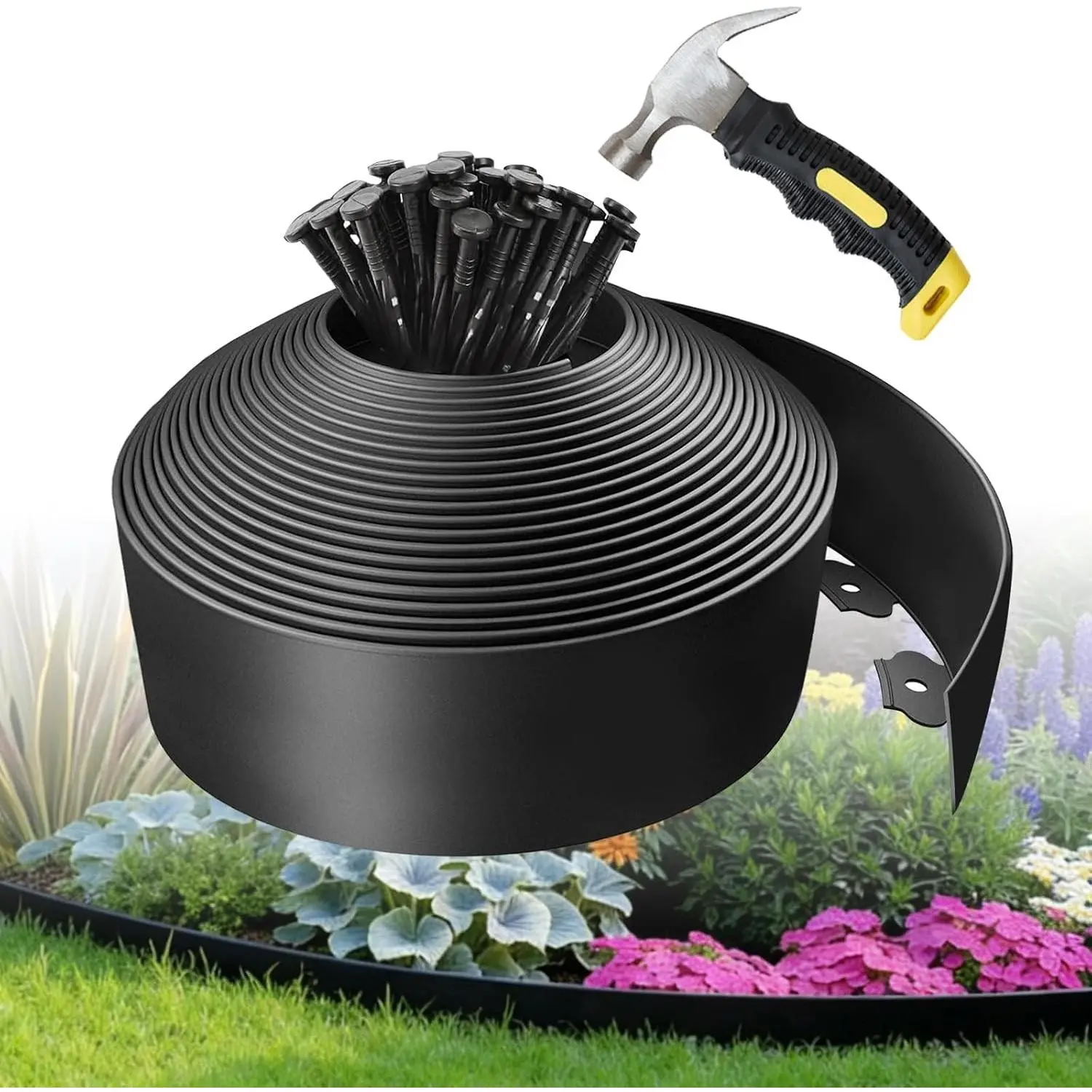 4 in x 40 ft Landscape Edging with Stakes | Flexible plastic no-dig garden edging with 40 stakes. Easy install for lawns, flower beds & landscaping.
