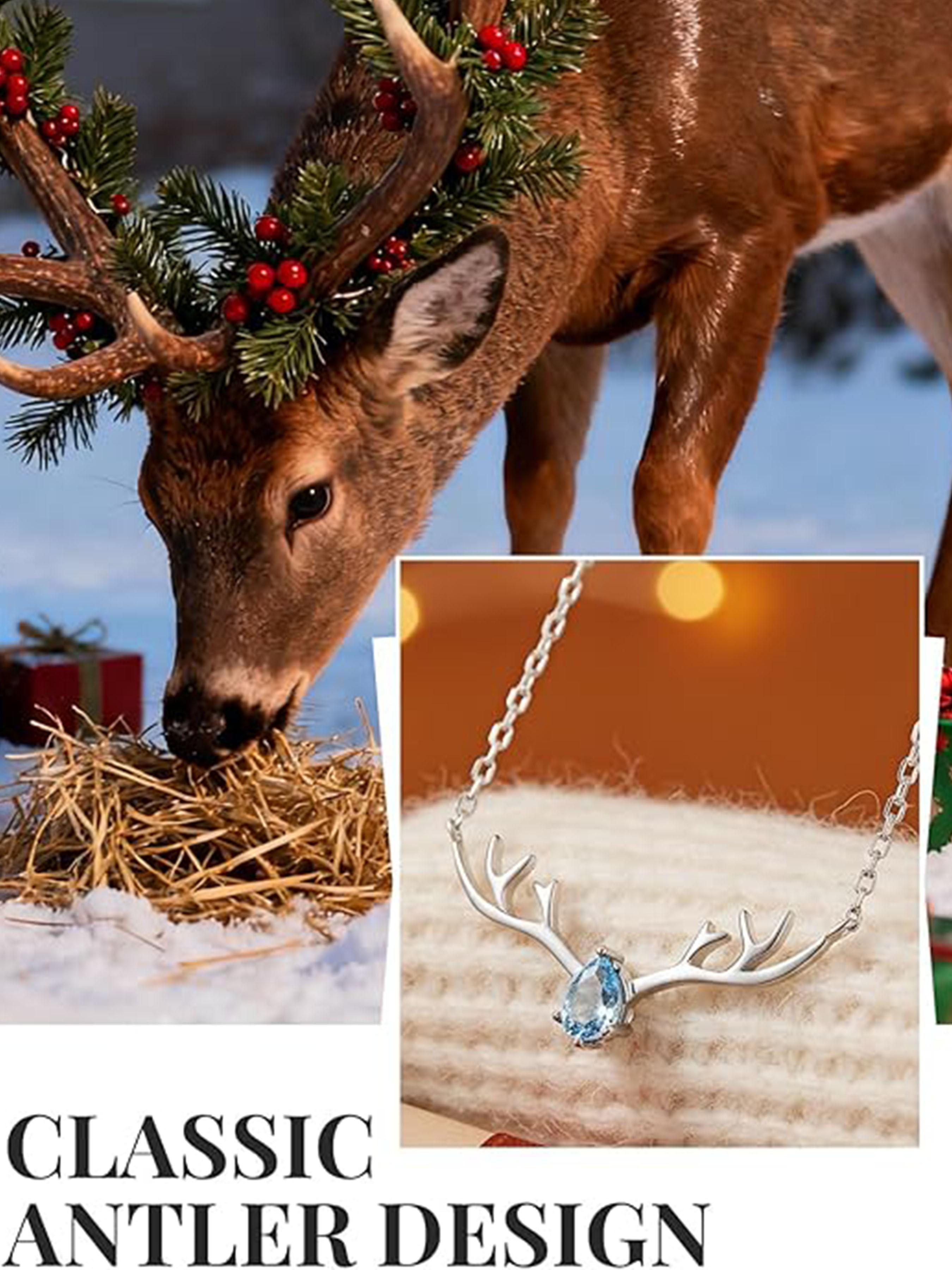 Tarnish-Free Titanium Steel Antler Necklace for Women - Waterproof Blue Crystal Deer Pendant Jewelry Gift