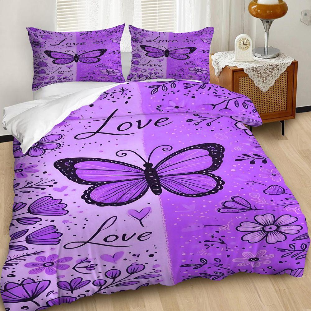 2/3Pcs Whimsical Purple Butterfly Duvet Cover Set, Romantic Floral Design Bedding Set, Soft Microfiber Material, Perfect for Dreamy Bedroom Decor, Love-Themed, Intricate Hand-Drawn Details, Includes 1 or 2 Pillowcase - No filling/Zipper Closure