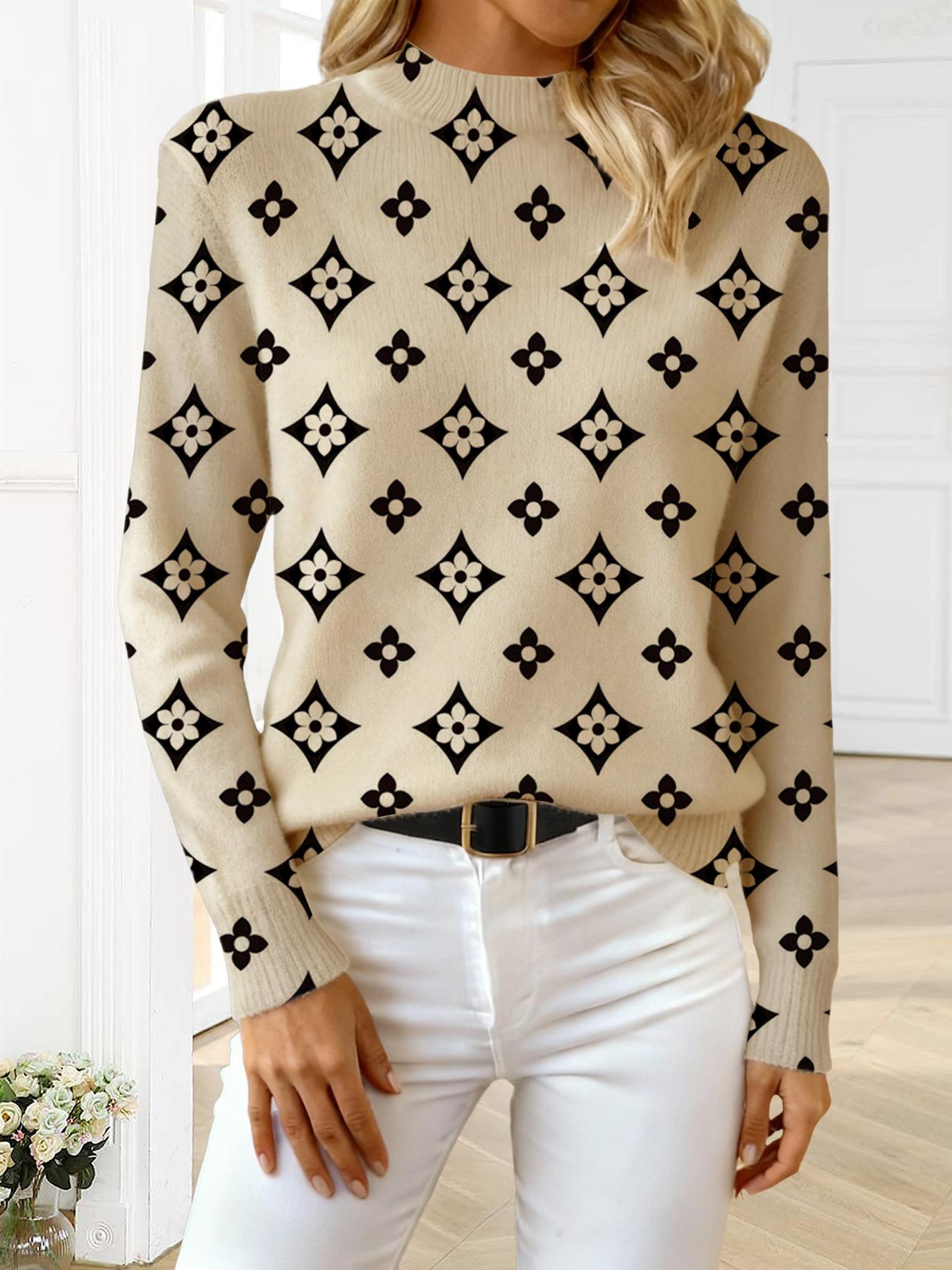 Women's Geometric Pattern Mock Neck Sweater, Fall Winter Casual Long Sleeve Knitwear, Comfortable Warm Daily Wear