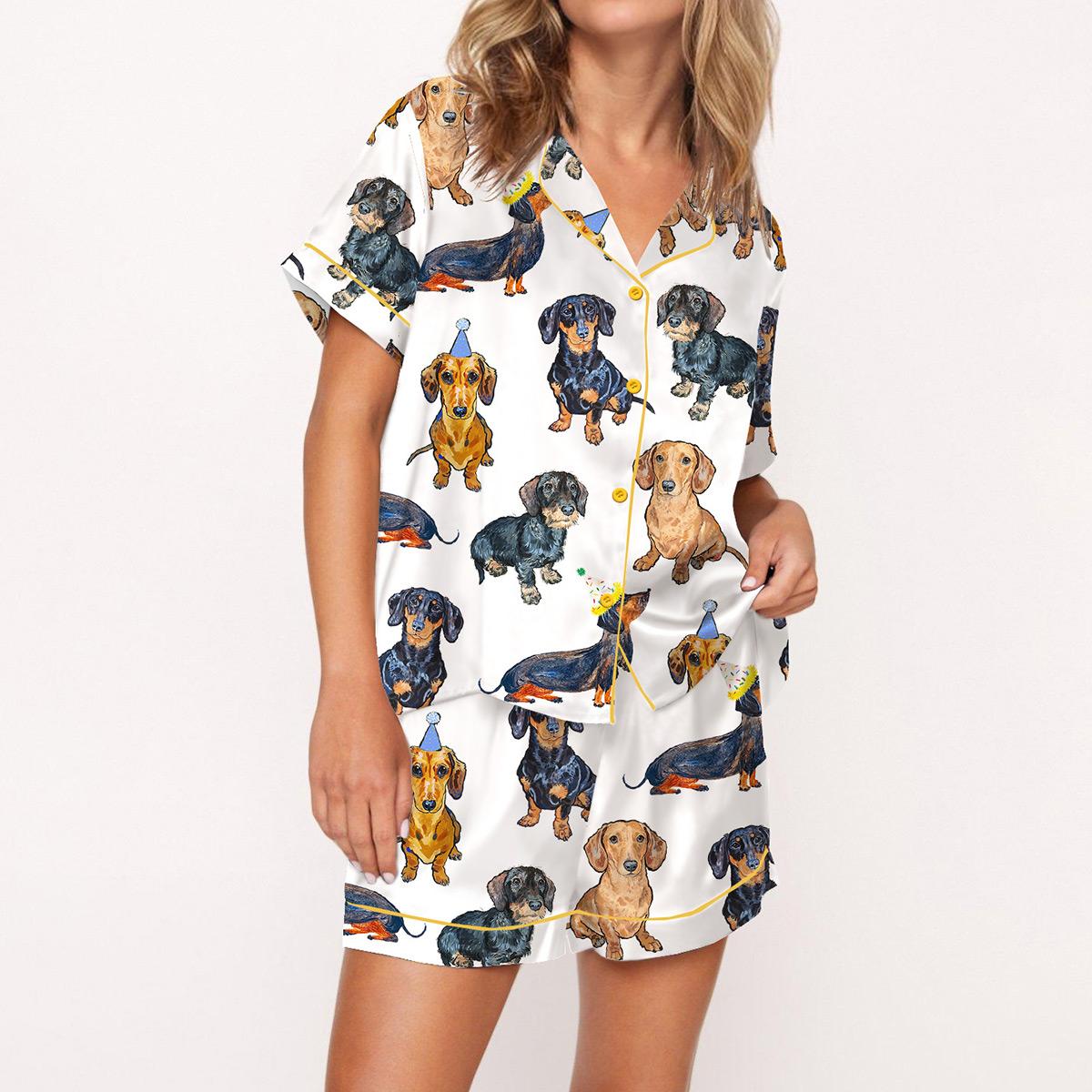 Puppies and Kitties Animals Pajama Set For Women Print Comfy Satin Sleepwear & Loungewear Pjs Printing Silky Short Sleeve Top & Shorts - SHESHOW