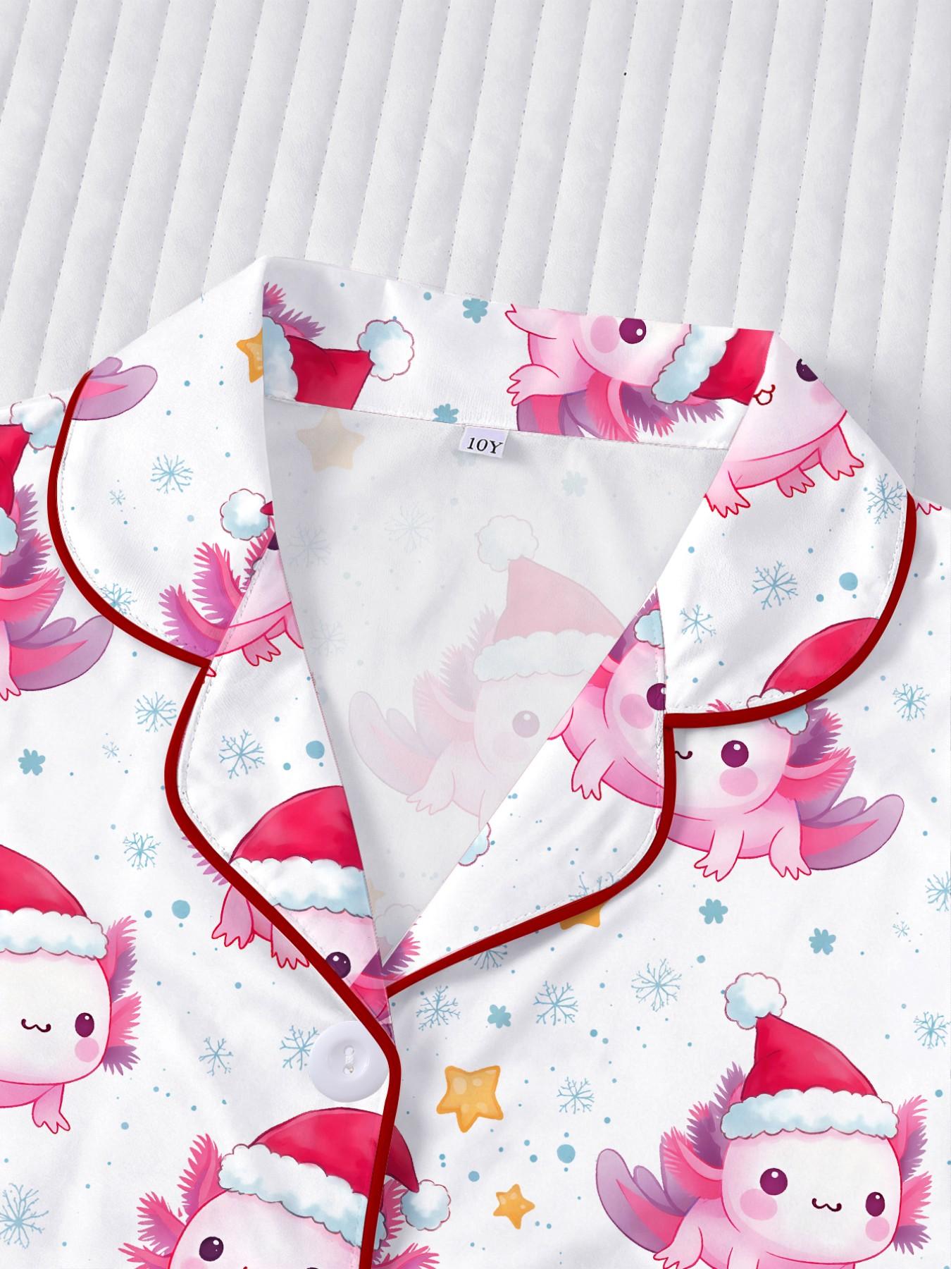 New Christmas Cartoon Print Kids Pajama Set, Short Sleeve Shirt and Loose Fit Pants, Breathable Casual for Holiday Parties