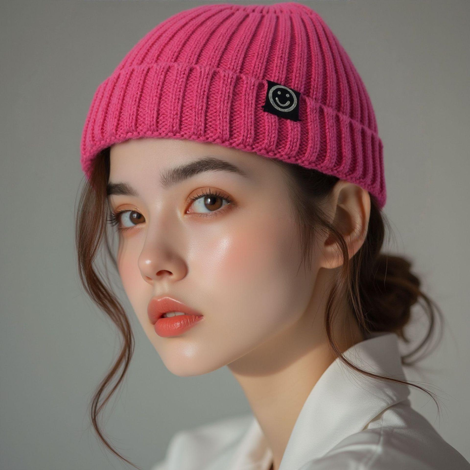 Smiley Face Knit Beanie, Unisex Casual All-Season Hat, Soft Elastic Ribbed Design, Cute Embroidered Smiley, Plain Color Trimmed Edge