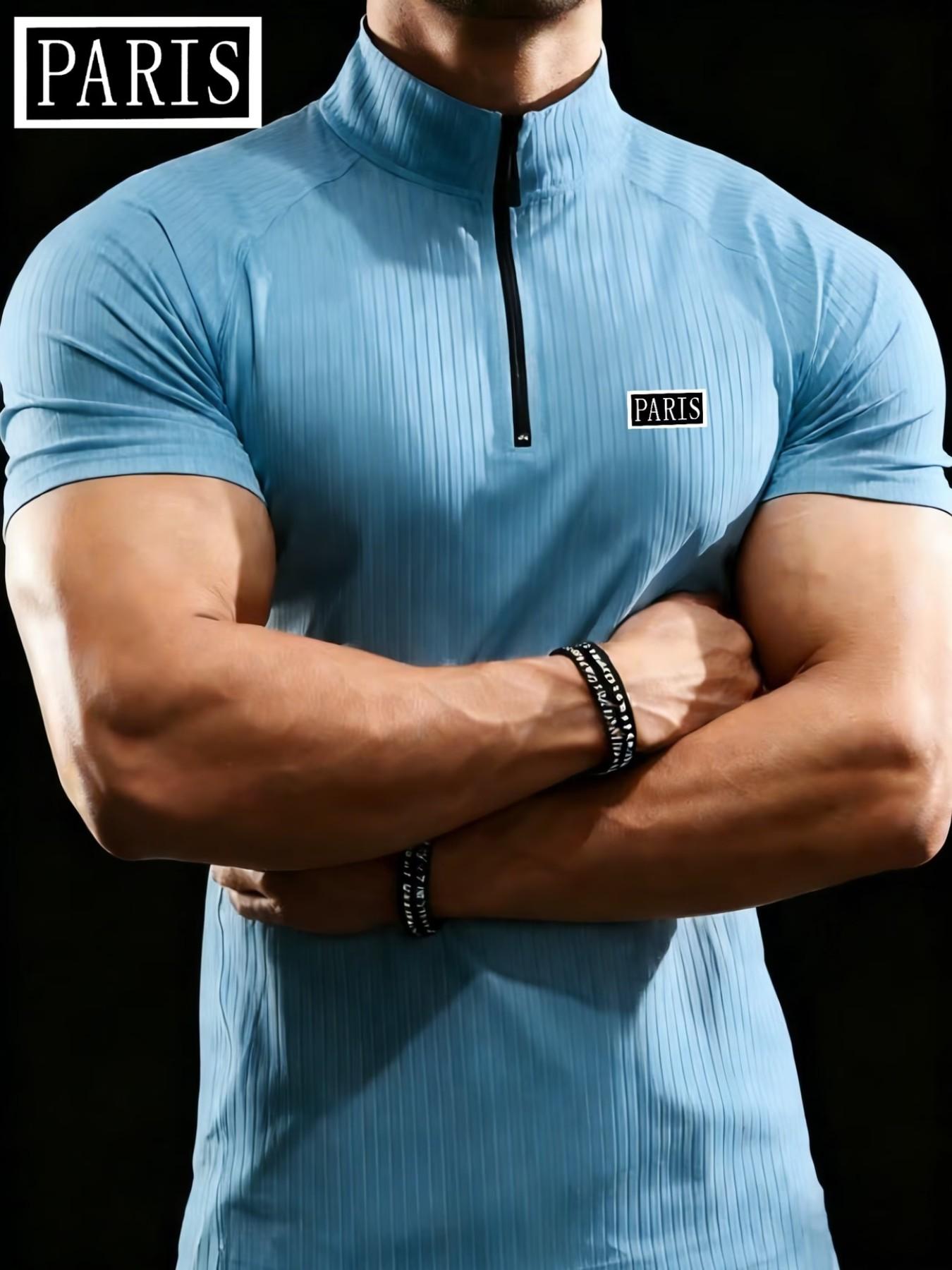 Men's Paris Stand Collar Polo Shirt, Elastic Ribbed Slim Fit, Muscle Show, Casual Sportswear, All Seasons, Loose-Fitting, Plain Pattern