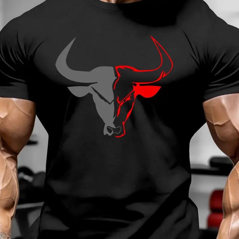 Men's Soft Short Sleeve Round Neck T-Shirt, Bull Print, Comfortable Casual Wear, Daily Fashion, Classic, Multiple Colors Available