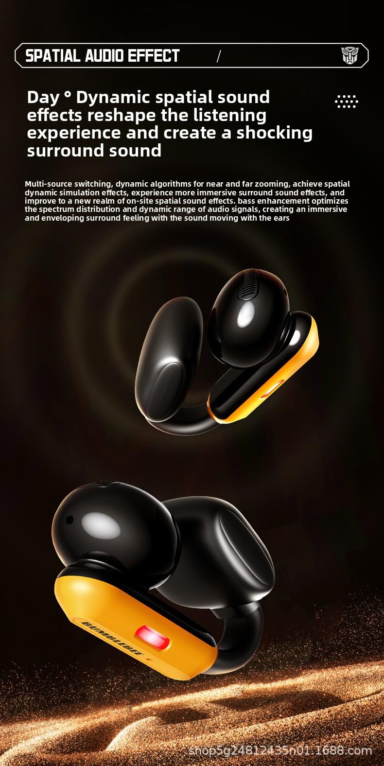 Transformers TF-T93 Ear-Clip True Wireless Bluetooth 6.0 Earbuds with Mic, Zinc Alloy Armor Case, Low Latency Game/Music Modes, Hi-Fi 12mm Drivers, Secure Fit Sports Earphones (Megatron Black)