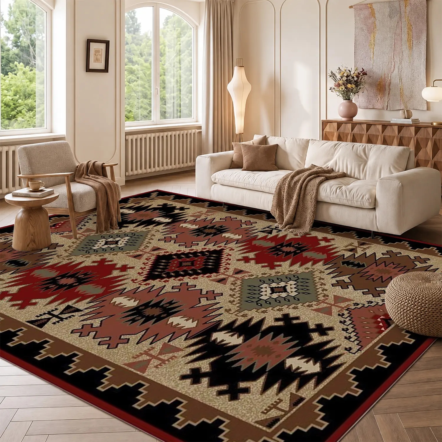 Large Indoor Area Rug, Soft Velvet Low Pile Rug with Non-slip Dotted Backing, Machine Washable Southwestern Tribal Geometric Floor Rug for Living Room, Bedroom, Entryway, Warm Earth Tone Native American Style Home Decor