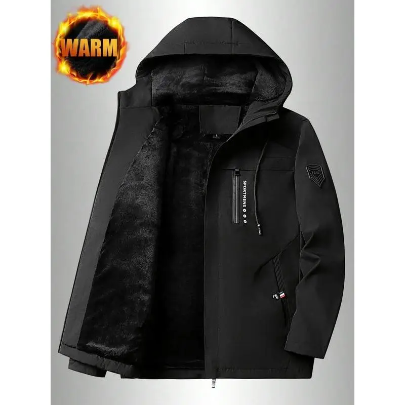 Men's Fleece Lined Thickened Hooded Jacket, Warm Winter Coat with Letter Print, Fashionable Outdoor Windproof Parka for Cold Weather
